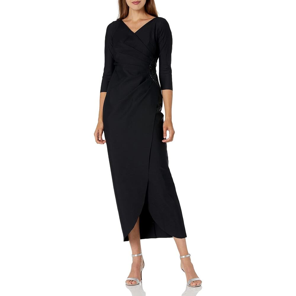 NWT Alex Evenings Women's Slimming Long Side Ruched Dress Embellishment, Black,6